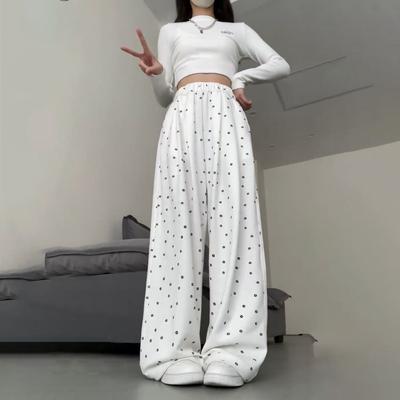 Женские весенне-летние брюки с высокой посадкой, драпирующиеся, стройнящие, с белым цветочным принтом, прямые, широкие, повседневные, спортивные