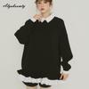 Korean Style Autumn Winter Women Hoodies Turn-Down Collar Patchwork Striped Oversized Pullover Layered Ruffles Outerwear