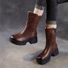 Плюшевые Теплые Ботинки до середины икры из Натуральной Кожи в Ретро Стиле с Тиснением на Толстом Каблуке Женские Ботинки