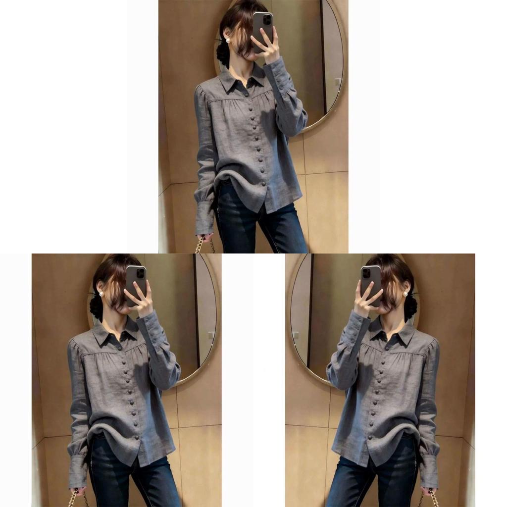 Spring Korean Style Gray Long Sleeve Shirt With 3d Print For Work And Casual Wear