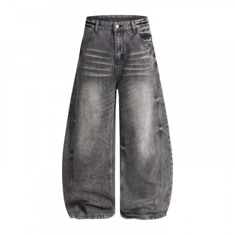 Retro Washed Wide Leg Denim Pants Men Women Relaxed Fit Straight Cut With Whiskering Detail
