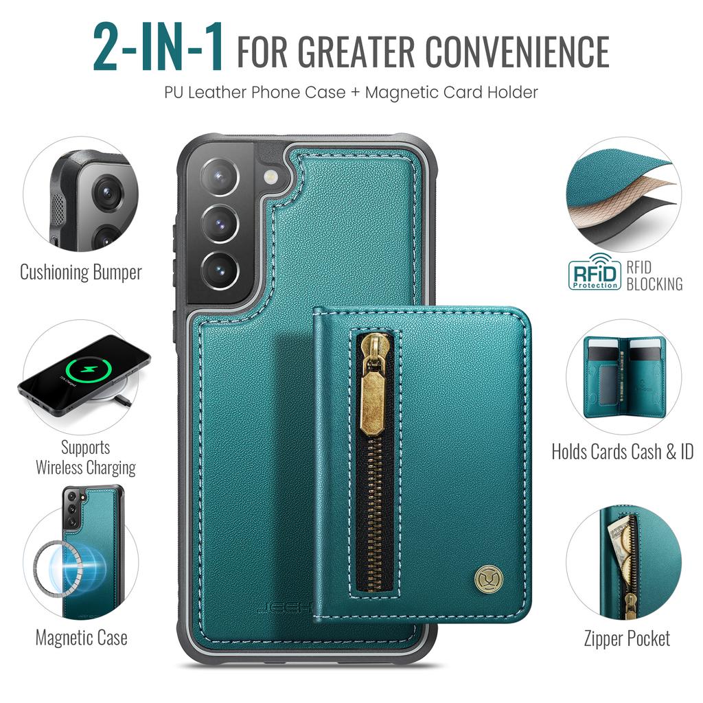 For Samsung Galaxy S21 5G Case JEEHOOD J12 Magnetic Detachable Zipper Wallet Kickstand Leather Back Cover Magnetic Case