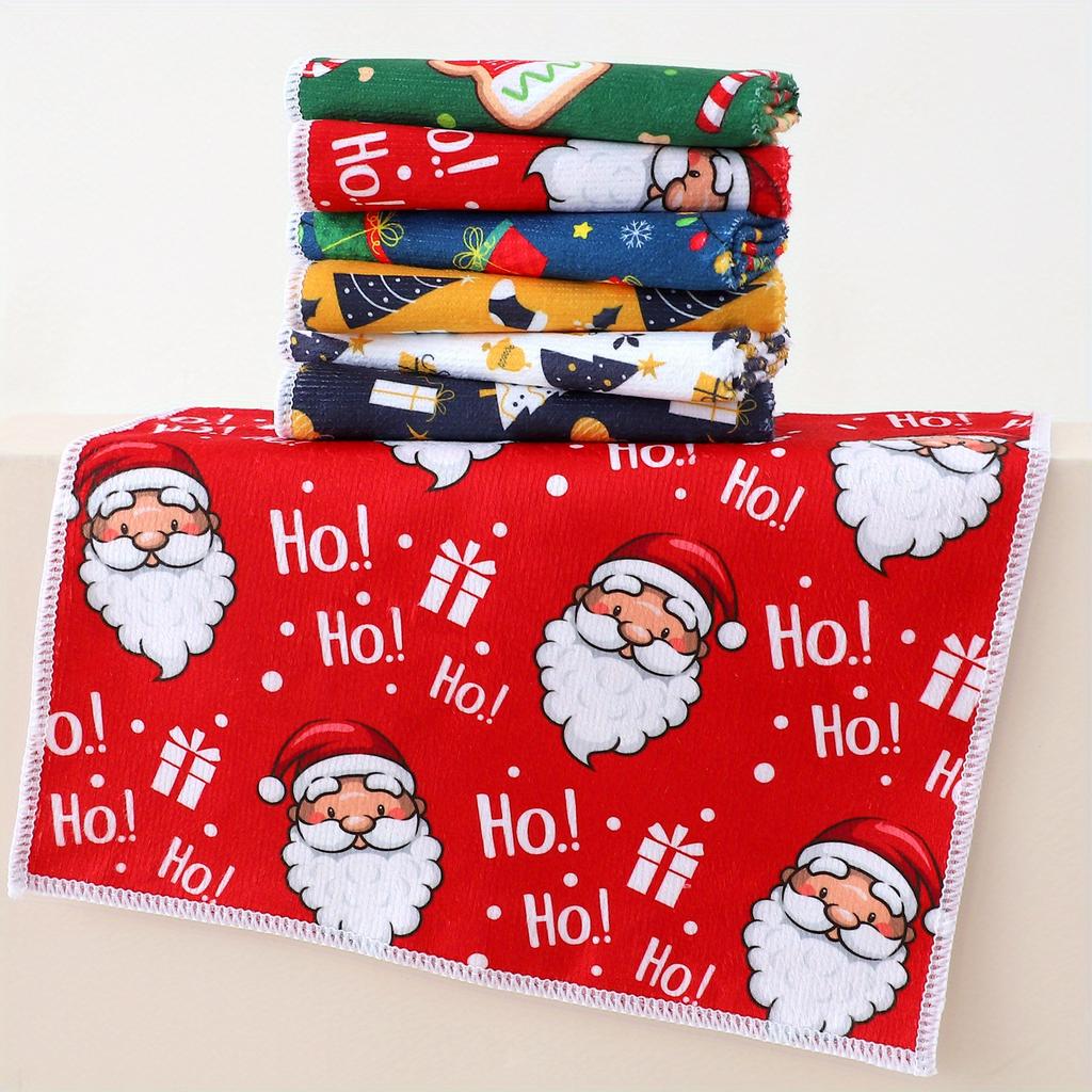 Christmas Cartoon Dish Towels Set, 1/3/6-Pcs - Polyester Knit Fabric Low Lint Kitchen Towels with Santa and Holiday Theme