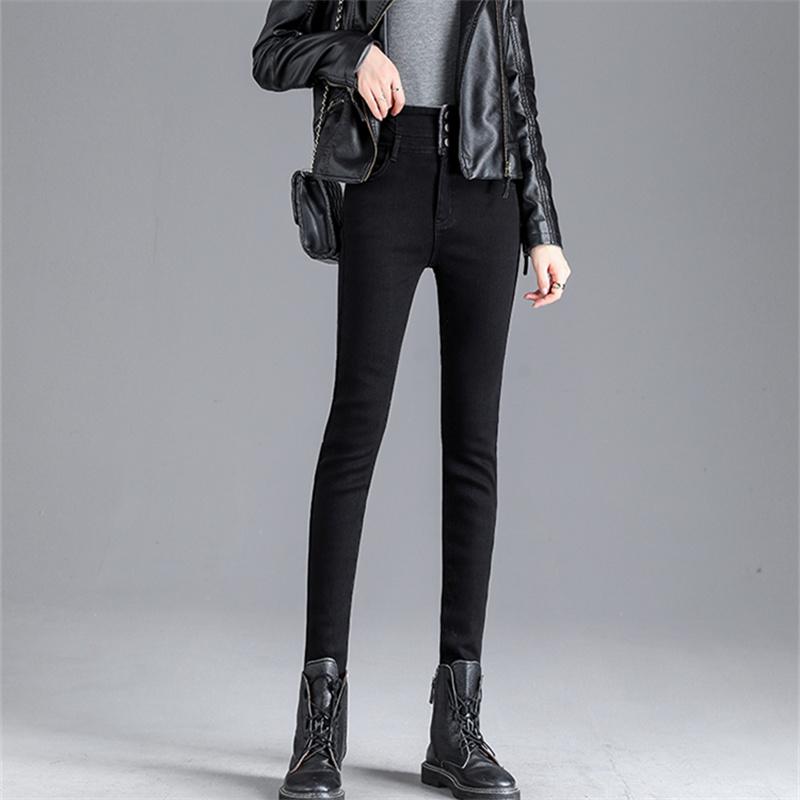 Зимние толстые флисовые теплые узкие брюки-карандаш для мам, джинсы, женские повседневные уличные брюки с высокой талией, женские синие джинсовые брюки