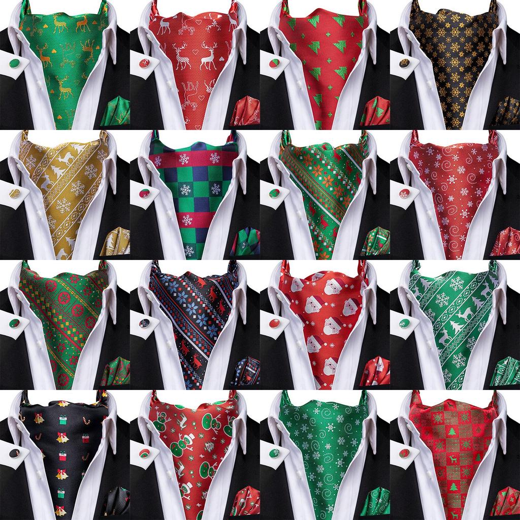 Christmas Mens Red Black Green Cravat Tie Set Silk Ascot Tie Bow Tie Event Set