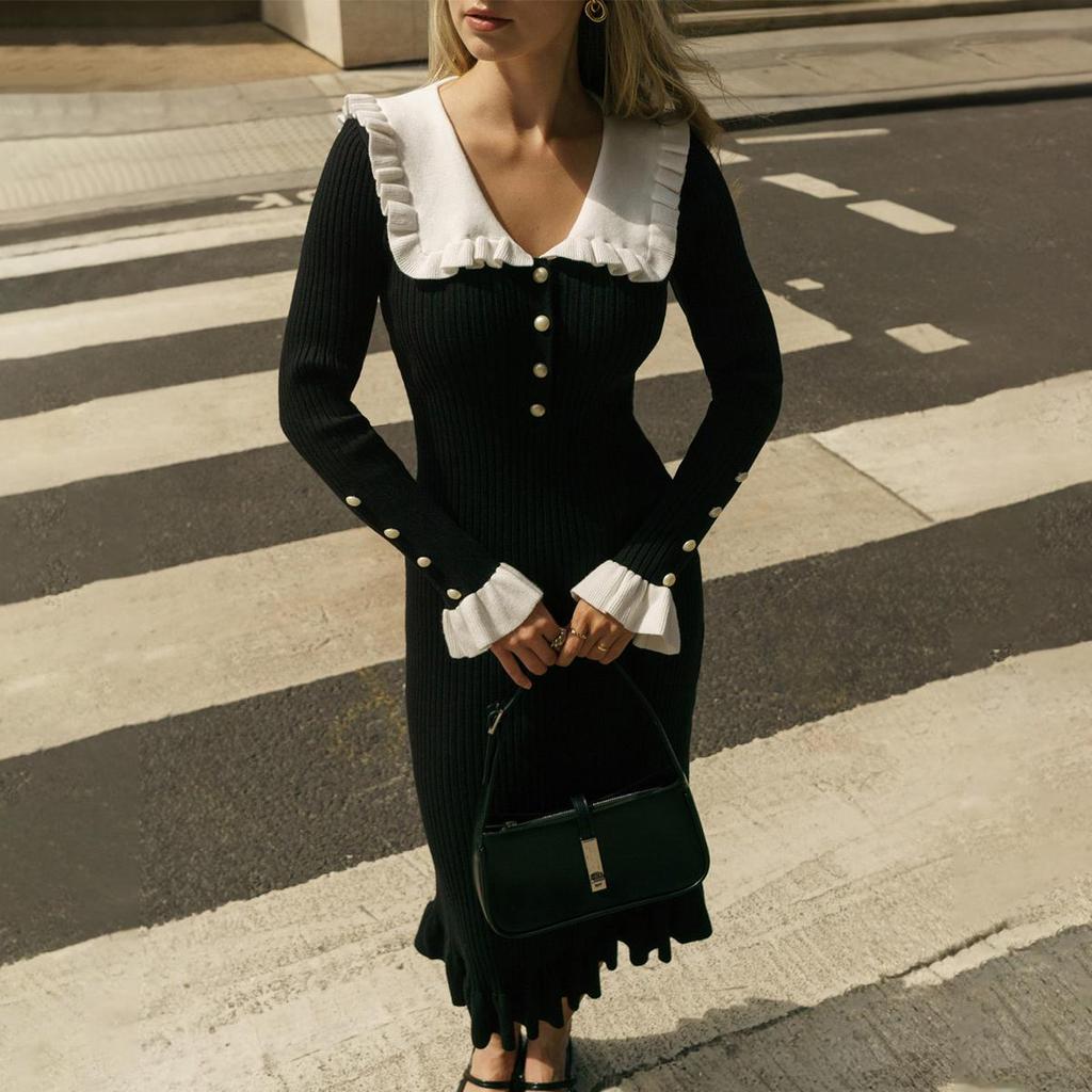 Elegant Ruffled Maxi Dresses For Women Autumn Winter Knitted Slim Long Dress Women's Vintage Dress Woman Retro Knitwear