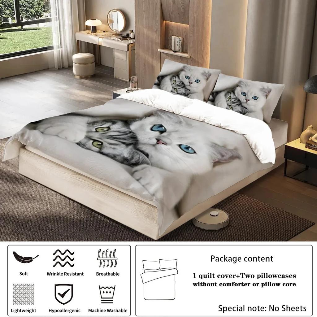 3-piece Set of Cute Cat Printed Bedding, Suitable for Bedrooms and Guest Rooms (1* Quilt Cover + 2* Pillowcase, Coreless)