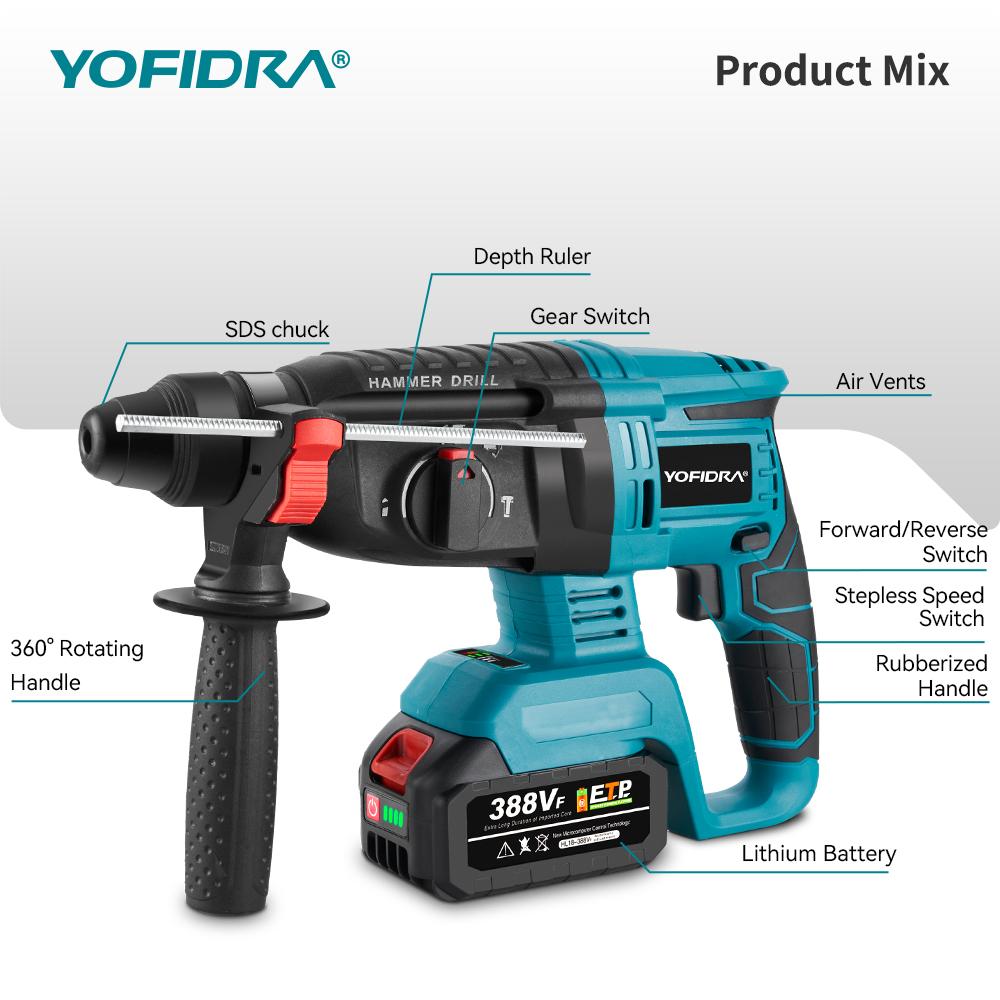 YOFIDRA 26 мм бесщеточный электрический перфоратор Многофункциональный роторный аккумуляторный электроинструмент для батареи Makita 18 В