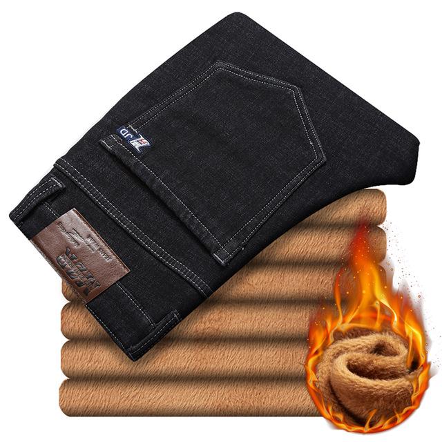 Мужские зимние теплые джинсы больших размеров, деловые повседневные прямые свободные брюки, мужские брендовые брюки