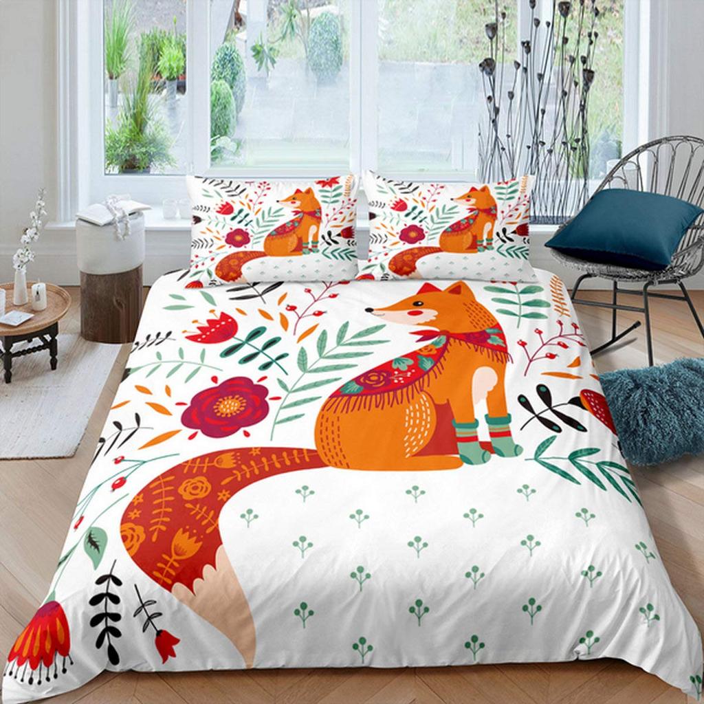 Пододеяльник Fox King Queen Kawaii Мультяшный Семейство лис Постельное белье для детей Милый Оранжевый Дикое животное 2/3 предмета Полиэстер Пододеяльник
