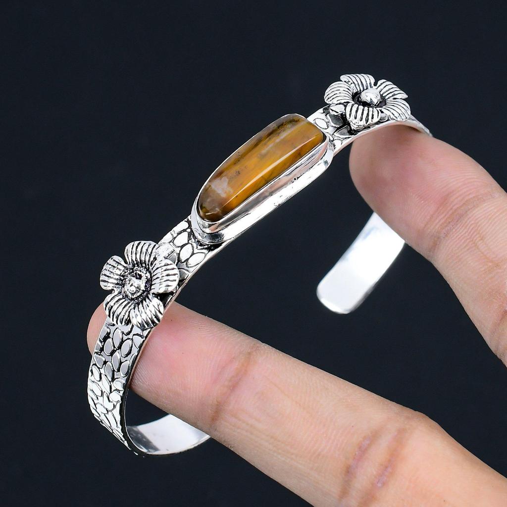 Halloween Sale Tiger Eye Stone 925 Sterling Silver Sister Flower Bangle Bracelet