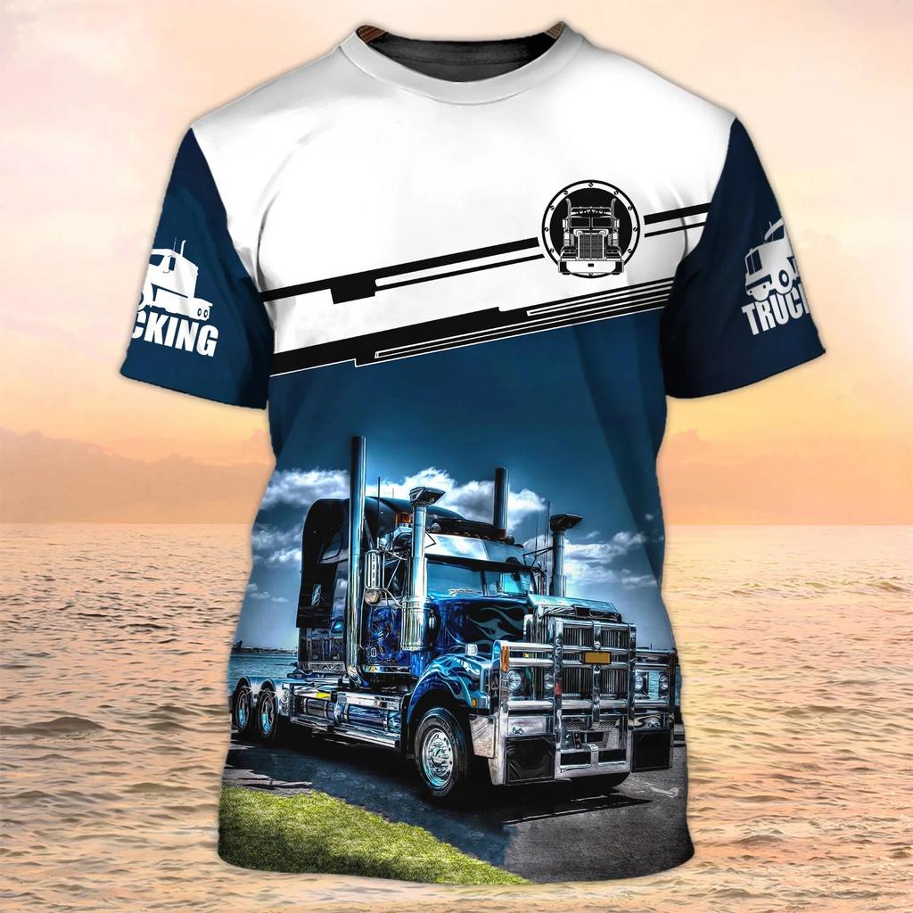 New Trucker Shirt Men's T-shirt 3D Truck Print Uniform Short Sleeve Tops 2024 Harajuku Clothing Summer O Neck Oversized Pullover