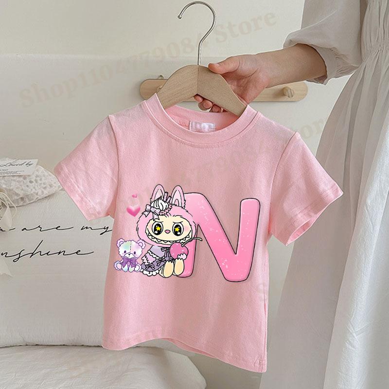 Labubu Kawaii T-shirts for Girls Anime Cartoon Cute Short Sleeved Shirt Children Summer Sweet Top Letter A-Z Printed T-shirt