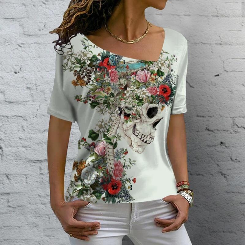 Винтажная женская футболка с черепом и 3D принтом, косой воротник, блузки, повседневный пуловер с короткими рукавами, топы, летняя одежда больших размеров, футболки