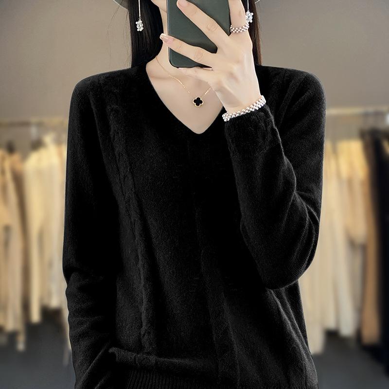 INDFS Женская мода Повседневный Осень Зима Однотонный Принт Длинный Рукав V-образный Вырез Свитера