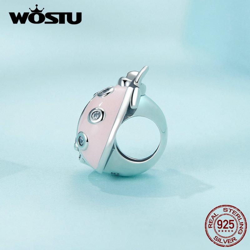 WOSTU 925 Sterling Silver Pink Enamel Ladybird Beads Pink Zircon Ladybug Charms for Women Bracelet and Bangle DIY Fine Jewelry
