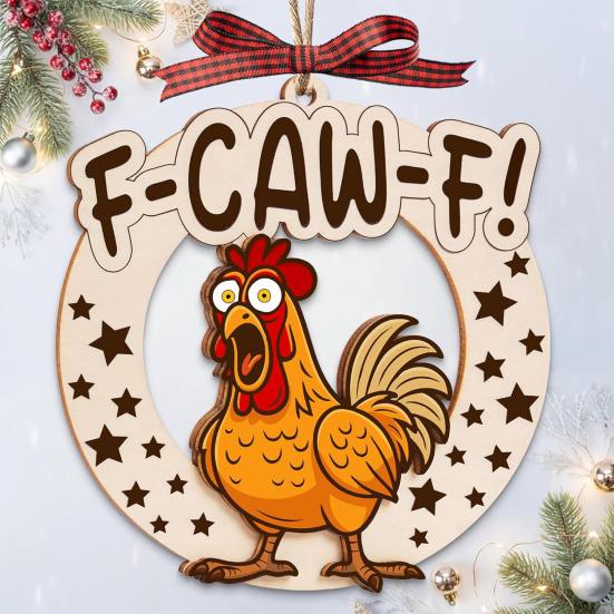 Funny F-Caw-F Chicken Christmas Ornament Wooden Rooster Christma Tree Decoration White