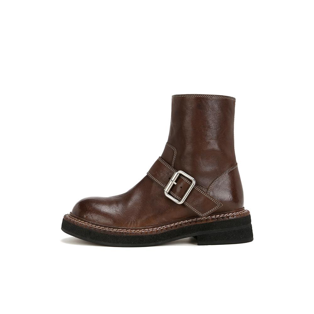 Женские ботильоны Осень Зима Новые Боковая молния Толстая подошва Полусапожки Женские Ретро Круглый носок Толстый каблук Тонкие Короткие ботинки Женские