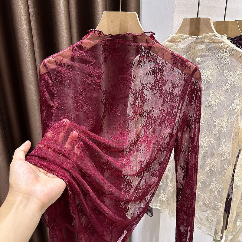 Женский базовый топ с высоким воротником из кружевной сетки - Осенний стильный прозрачный сетчатый свитер, внутренний слой