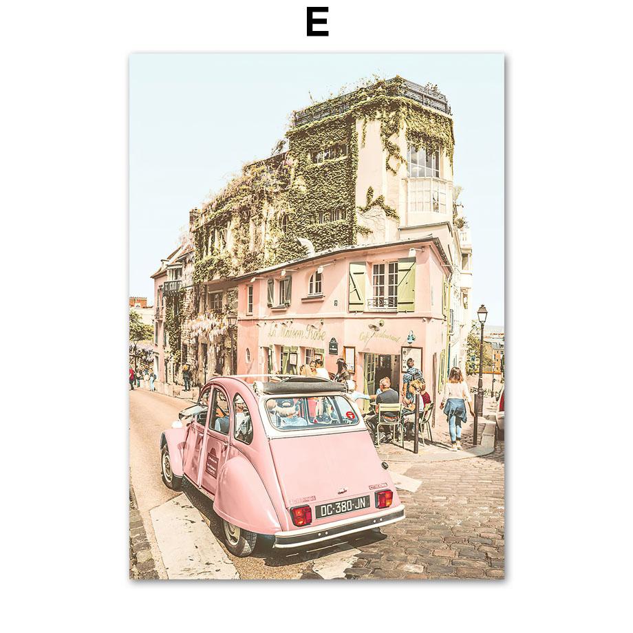 Nordic Posters And Prints Paris Small Town Pink Flower Car Umbrella Wall Art Canvas Painting Wall Pictures For Living Room Decor