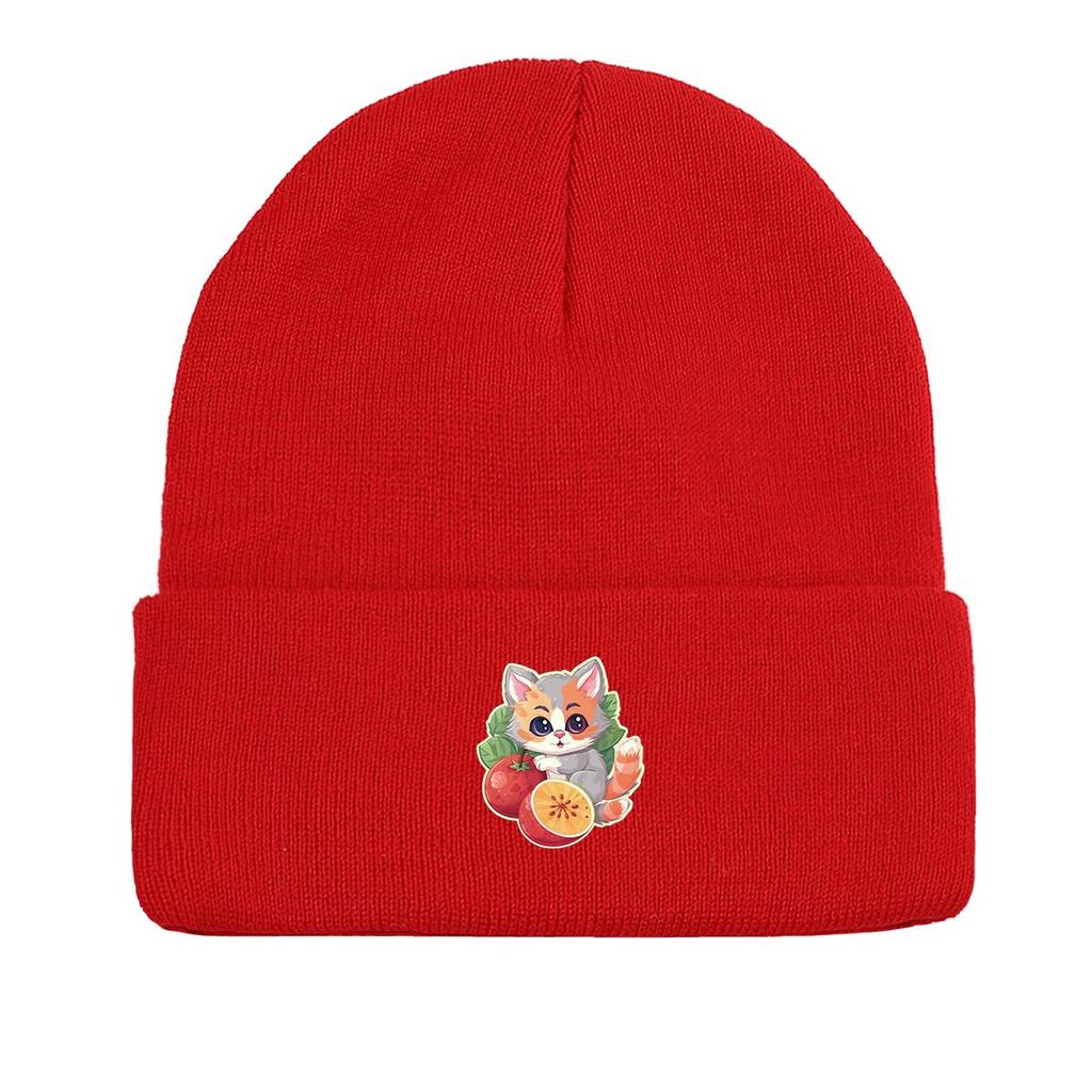 Cat Fruit Print Knitted Hat Beanie, Man Cap Elastic Candy Color Trendy Pompom Beanies Knit Cap Beanie
