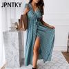 JPNTKY Women's Fashion Summer Spring Polka Dot Print Short Sleeve V-Neck Casual Dresses