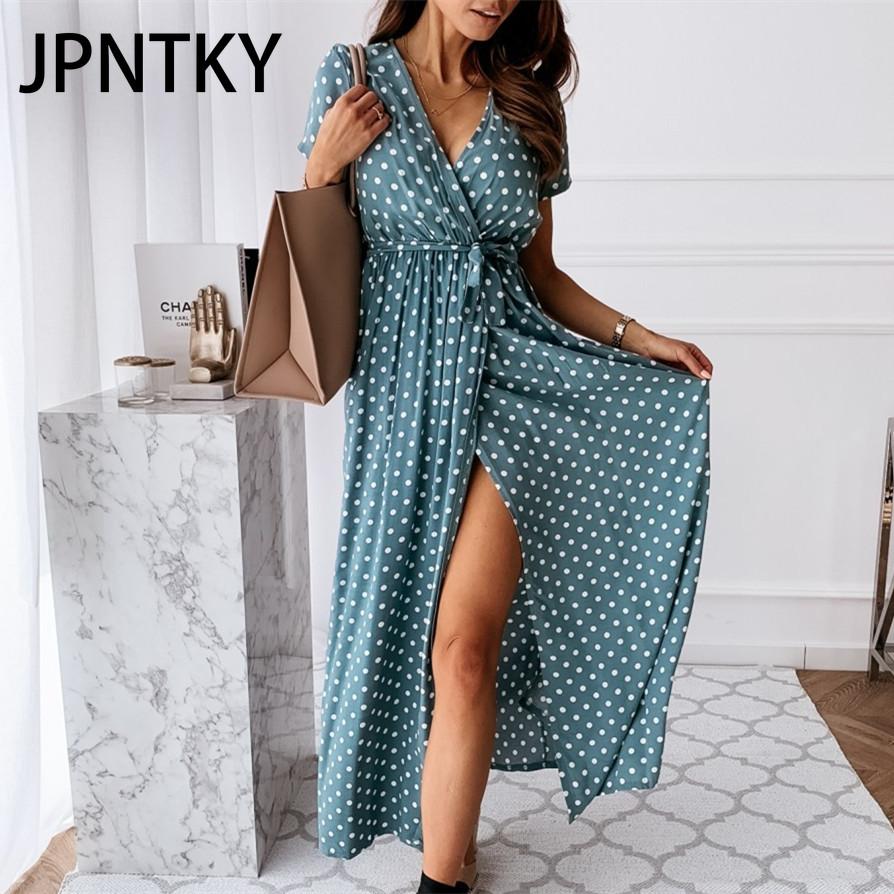 JPNTKY Women's Fashion Summer Spring Polka Dot Print Short Sleeve V-Neck Casual Dresses