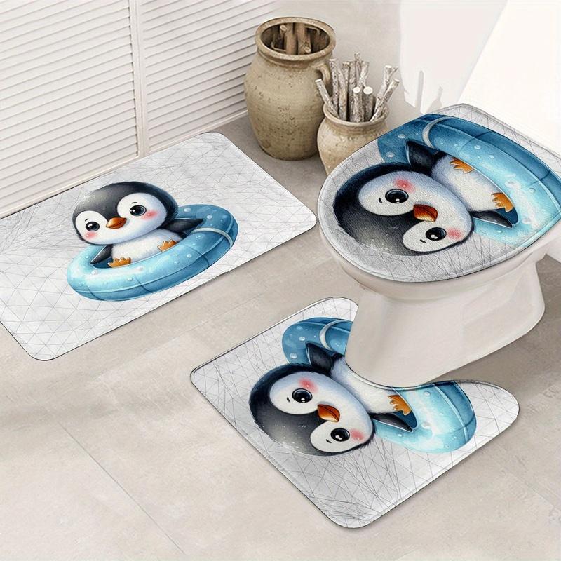 3pcs Summer Penguin Bathroom Rug Set Non-Slip U-Shaped Mat and Toilet Lid Cover Cute Animal Theme Washable Indoor Floor Mats