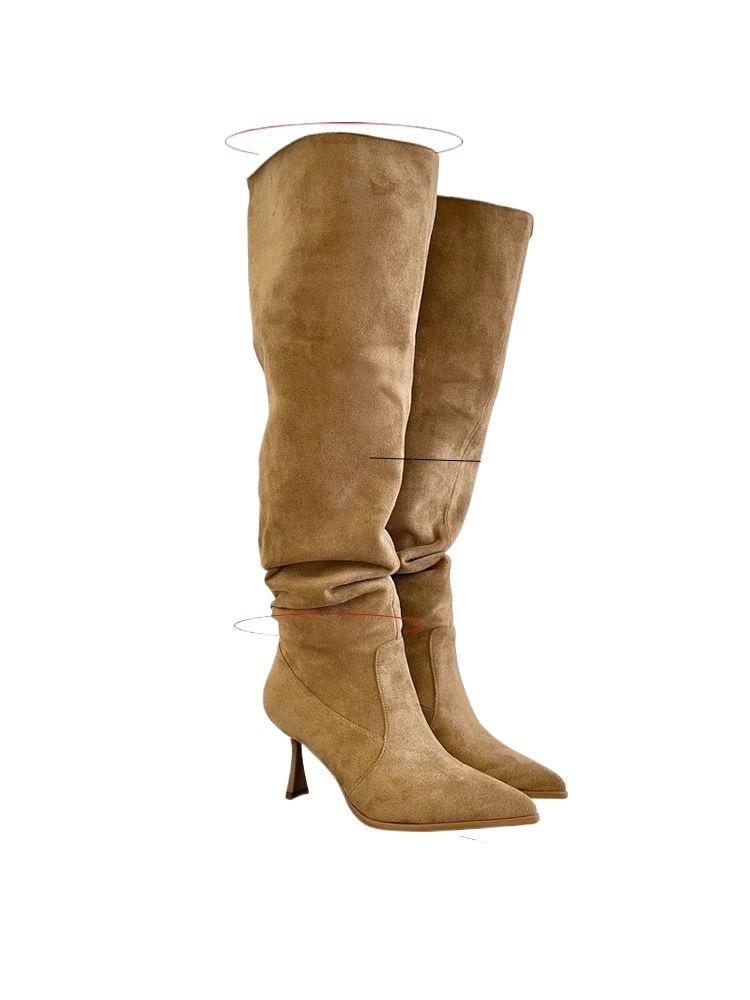 Женские сапоги с широким голенищем, облегающие сапоги с острым носком, абрикосовые сапоги большого размера, сапоги на тонком высоком каблуке, сапоги до колена на высоком каблуке
