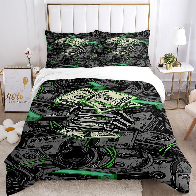 3pcs Anime Cartoon Design Dollar Bill Money Stack Bedding Set - Includes One Quilt Cover and Two Pillowcases (No Core) - Home Decor, Holiday Gift, Pol