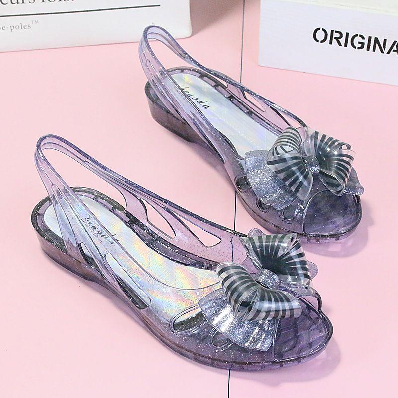 Обувь на среднем каблуке Лето 2024 Босоножки с бантом для женщин Пляжная женская обувь Желе Пластик ПВХ Тренд Противоскользящая Горячая обувь Корея