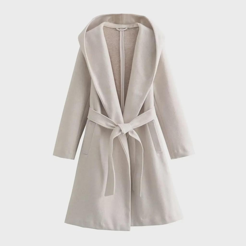 2024 Spring European & American Women's Solid Color Hooded Mid-Length Belted Woolen Coat