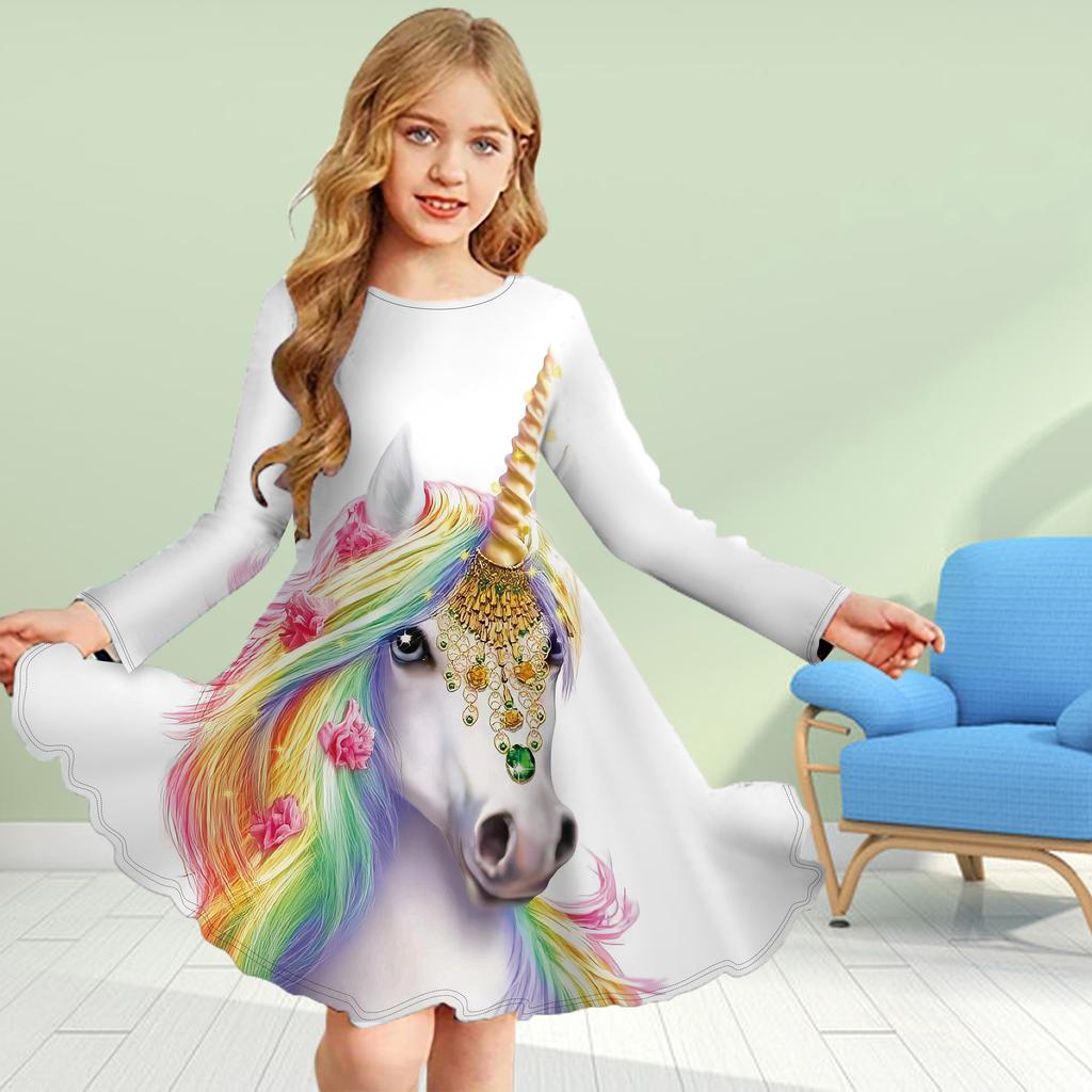 Girl Casual 3D Print Pink Butterfly Unicorn Round Neck Long Sleeve Dress Kid Princess Dress