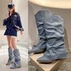 Fashion Pleated Blue Denim Boots Fashionable Women's Chelsea Boots Autumn Winter Mid-heeled Boots New Women Shoes Botas Altas Mujer