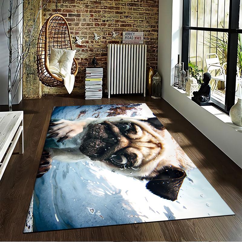 Swimming Pug Underwater Art suitable as a non-slip mat for the living room or bedroom sofa