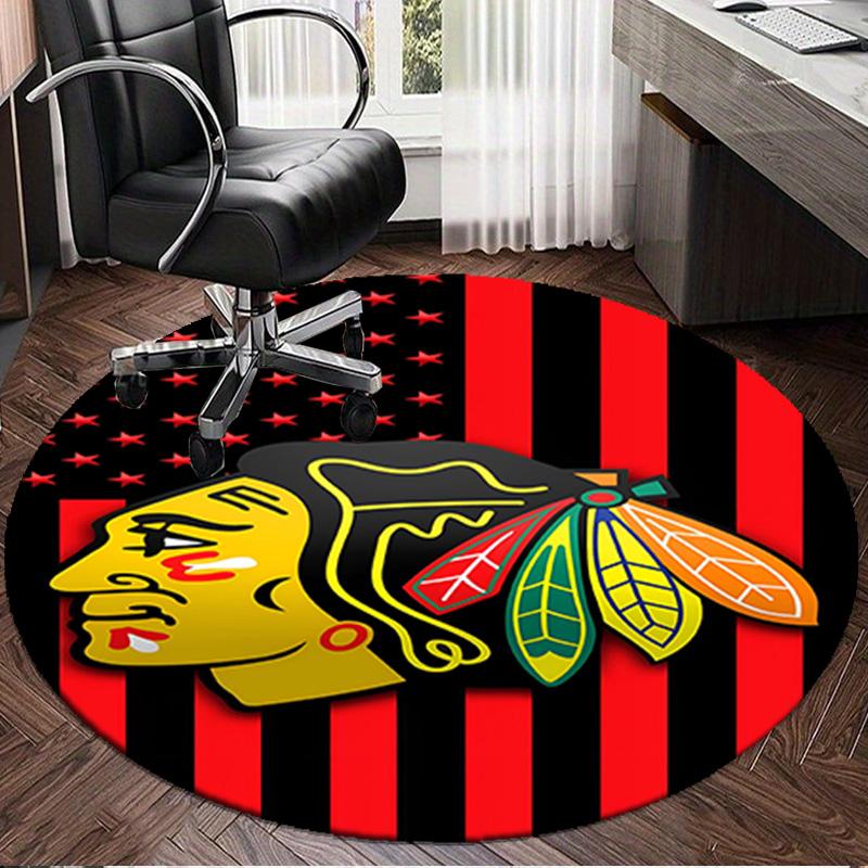 1PC Chicago-Blackhawks Logo Round Rug, Non-slip Chair Mat, Home Decor, Circle Carpet Perfect for Office, Bedroom, Living Room,Christmas gift
