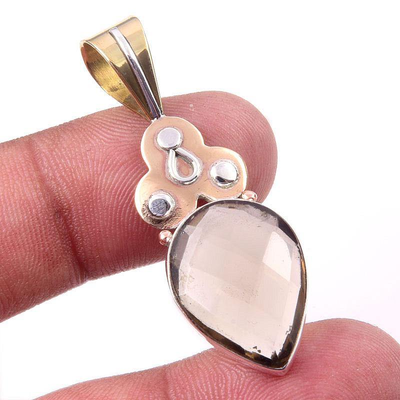 Natural Smoky Quartz 925 Solid Sterling Silver TwoTone Gift Pendant 1.75" W7j21