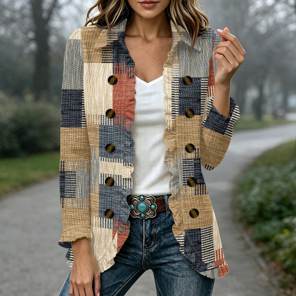 Women's Fashion Plaid Print Long Sleeve Ruffle Open Front Cardigan Outerwear for Everyday Wear