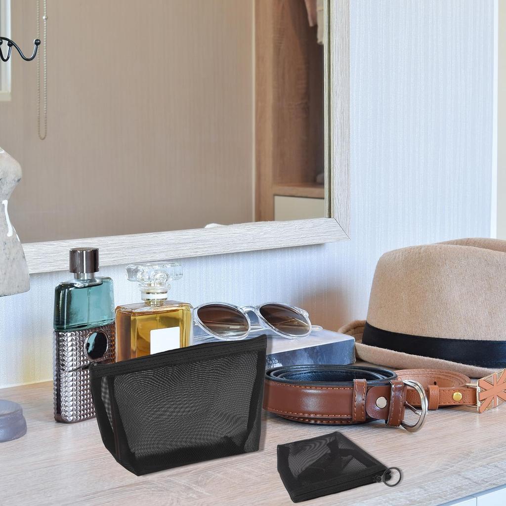 Mesh Cosmetic Nylon Makeup Pouch for Cosmetics and Small Perfect for Business Trips and Flat and Pack of 4 Pouch, Items, Travel, Square, (Black)