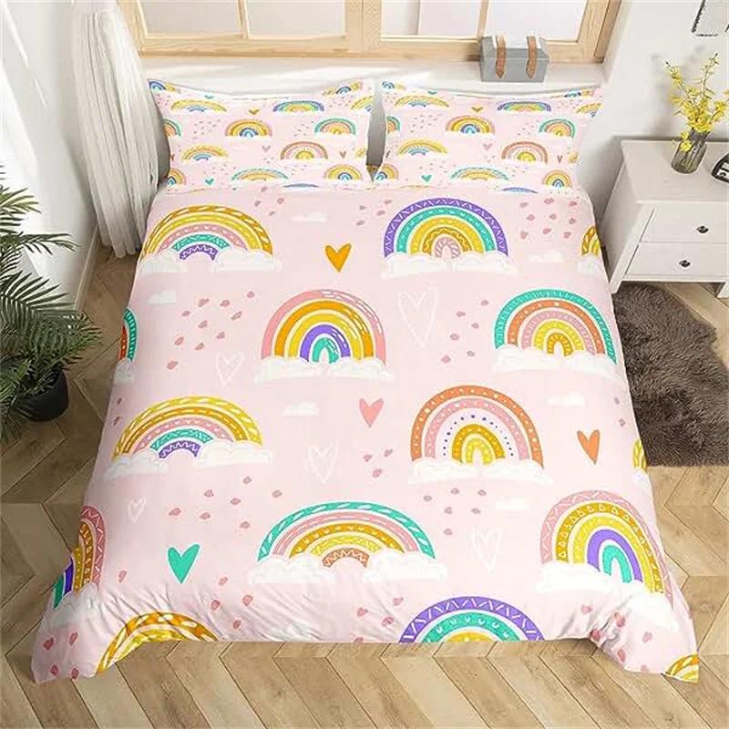 Rainbow Twin Duvet Cover Set For Girl Pink And Yellow Rainbow Star Duvet Cover Cartoon Rainbow For Bedroom Decoration Women Kid