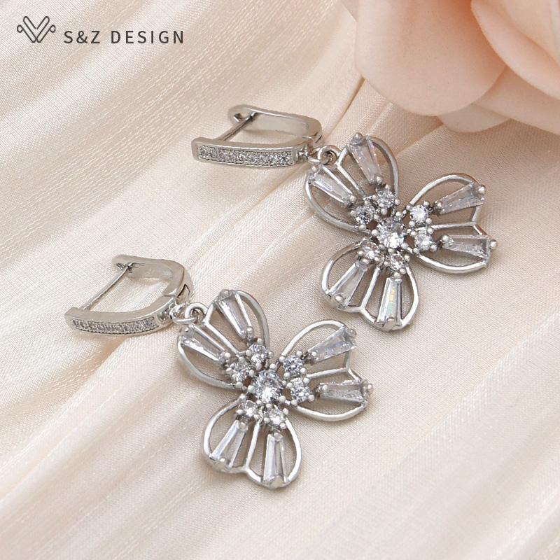 Модные серьги-капли с кубическим цирконием и тремя лепестками орхидеи для женщин, розовое золото, ювелирные изделия для свадебной вечеринки