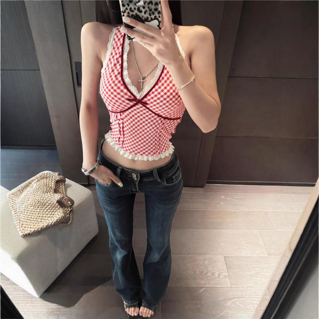 Чистый и Сексуальный Красный Клетчатый Кружевной Топ-Холтер - Женская Летняя Майка