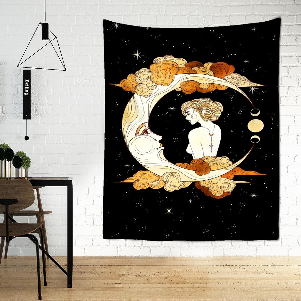 Психоделический гобелен с луной и звездой, настенный гобелен, магия, научная фантастика, богемный хиппи, Таро, искусство, общежитие для девочек, домашний декор