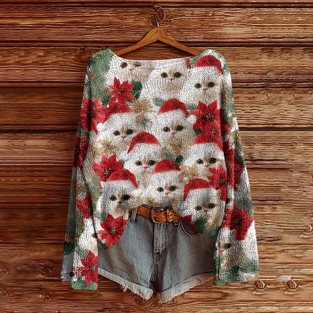 Women's Christmas Print Lightweight Sweater Casual Long Sleeve Knitted Pullover