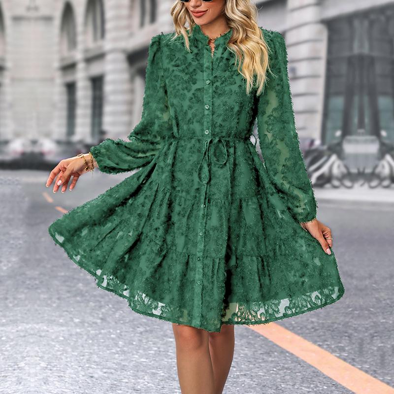 Women Autumn Winter Long Sleeve Print Elegant V-neck A-Line Mid-Length High Waist Dress