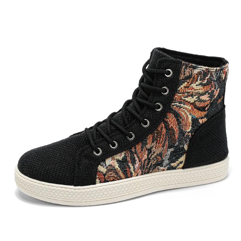 Модные мужские туфли с высоким берцем с принтом, повседневные удобные мужские туфли для скейтбординга, черные кроссовки на платформе, мужские неформальные туфли
