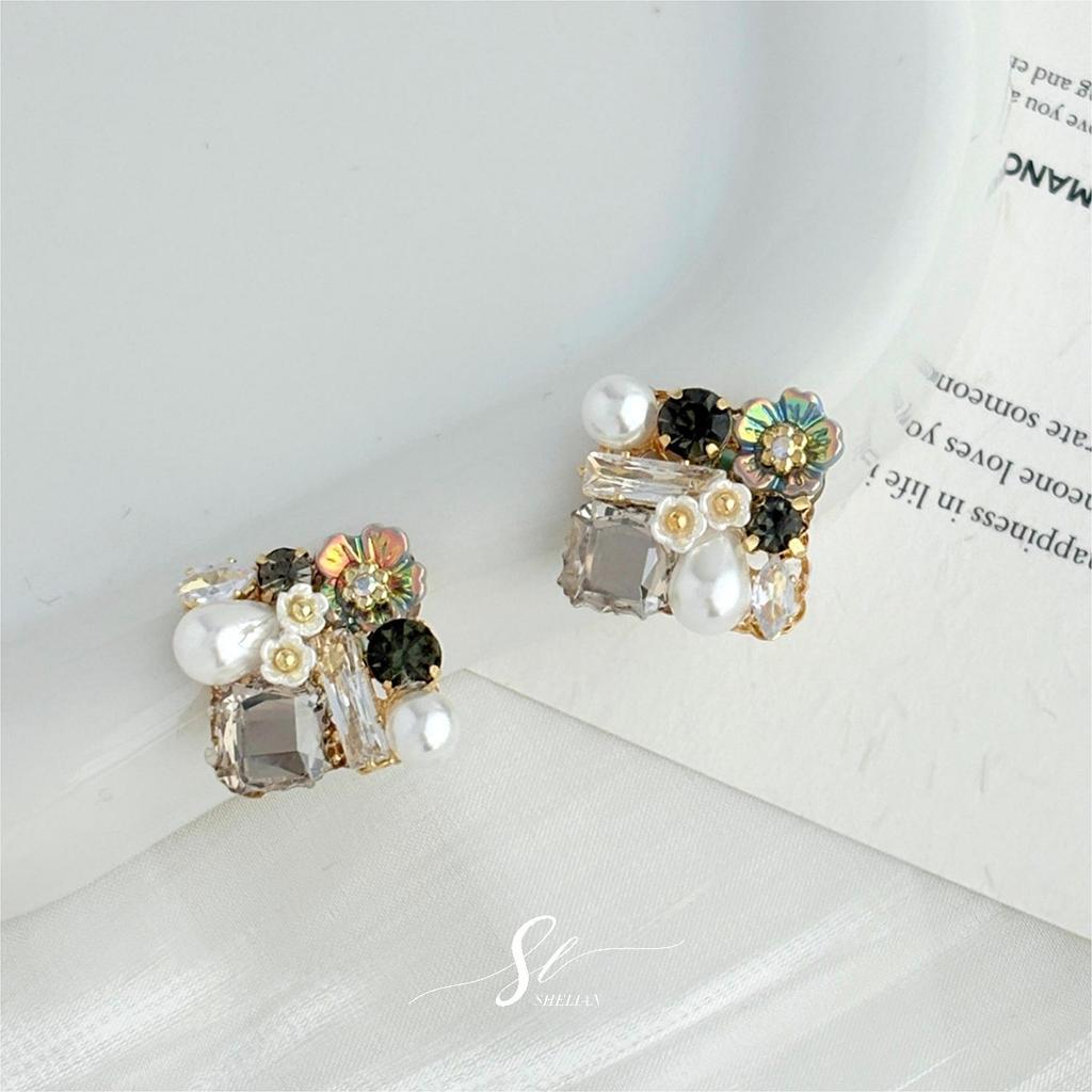 Spring and summer super fairy flower geometric crystal stud earrings small fresh and sweet pearl earrings light luxury high-end zircon earrings