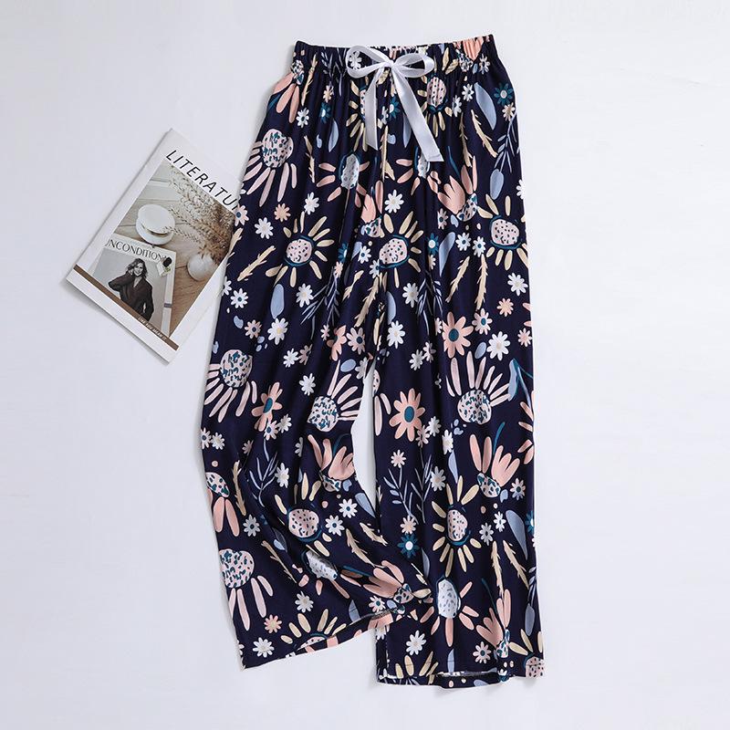 Женские пижамные брюки больших размеров из хлопка и вискозы, с мультяшным цветочным принтом, свободные девятиточечные пляжные брюки, для улицы