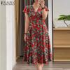 Women Casual V-Neck Floral Print Loose Short Sleeve Dress