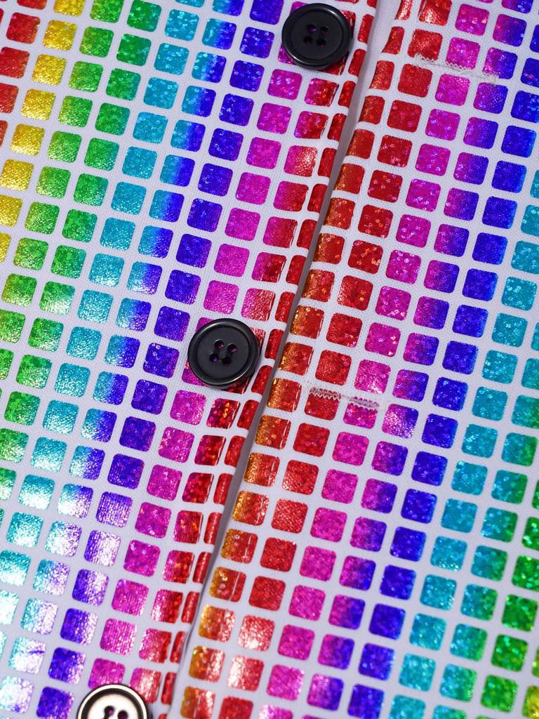 Boys Girls Dance Stage Performance Costume V Neck Sleeveless Asymmetrical Hem Button Metallic Plaid Vest